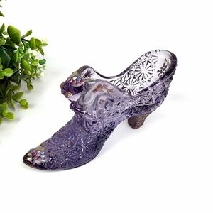 Fenton Art Glass Shoe Shimmering Amethyst Purple Berries print Signed by Artist